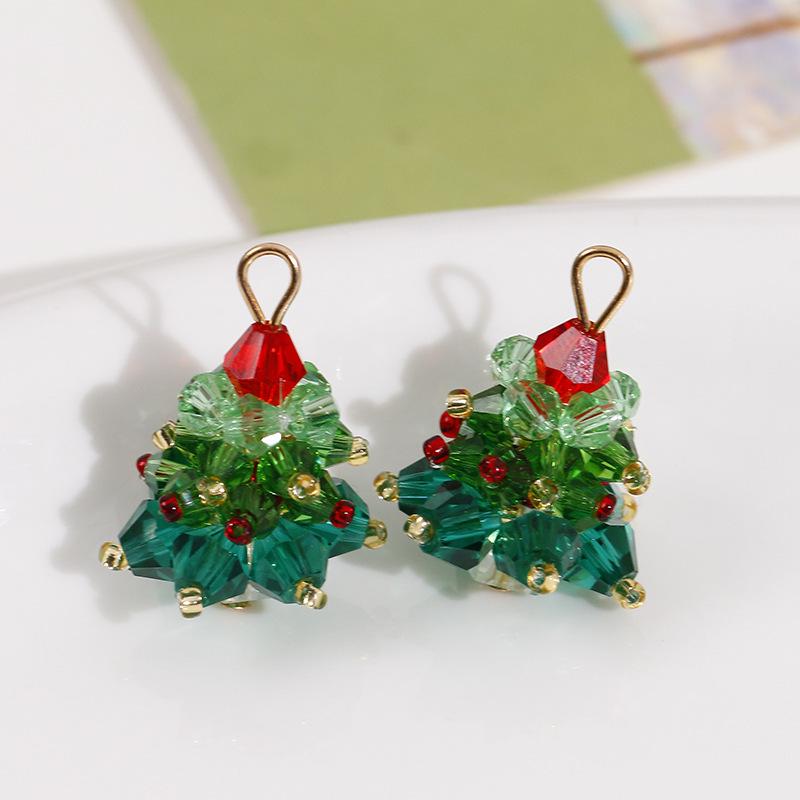 

3D Сережки-ялинки з червоним бантом - Важкі кришталеві кліпси з бісером, Плетені вручну святкові аксесуари