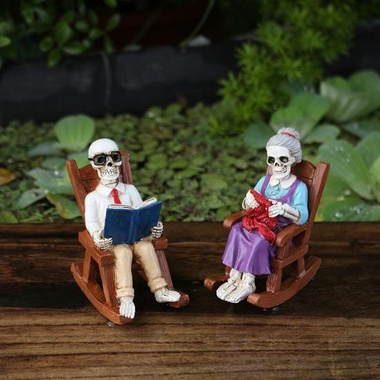 Yousheng 2 Pcs Halloween Rocking Chair Skeleton Elderly Statues Small Reading Knitting Skeleton Figurine Resin Craft for Courtyard Lawn Porch Decor