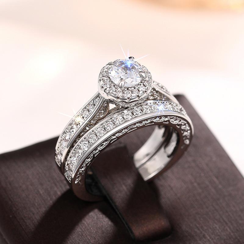 

925 Sterling Silver 2pc Gorgeous Rings Set for Women Paved Brilliant Cubic Zirconia Wedding Engagement Bridal Jewelry 7