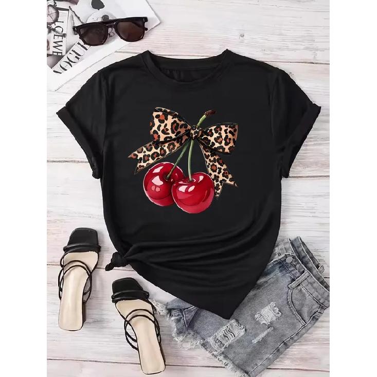 Fashion Cherry Print Women T-Shirt Short Sleeve Crew Neck Casual Tops for Summer Spring Women's Clothing Tops Tees