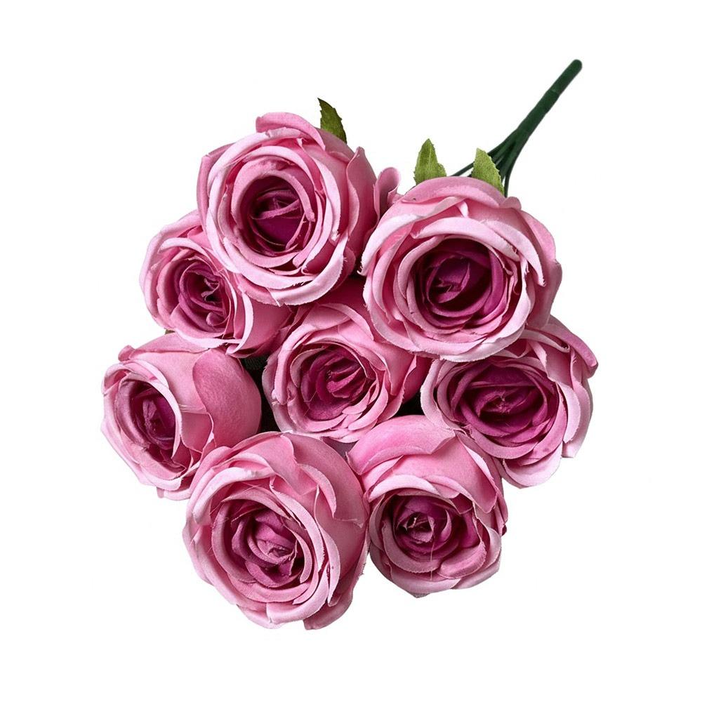 

9 Heads Rose Artificial Flowers Silk Petals Multicolor Faux Rose Flower Green Leaves Scene Landscaping Decorative Flower темно-рожевого кольору