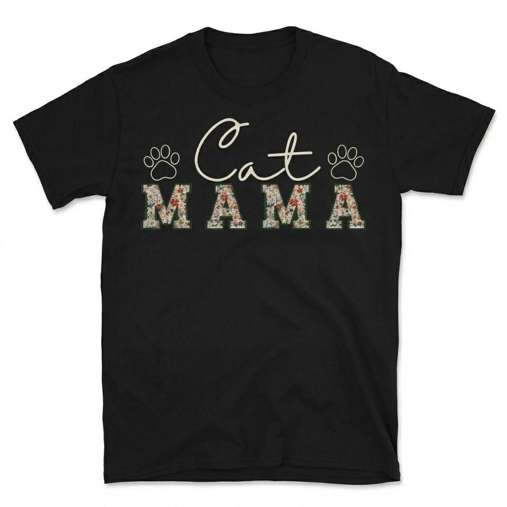 Cat Mama T-Shirt Floral Print Black Tee Cute Gift for Cat Lovers Women s M