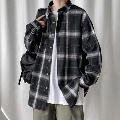 Pánská vintage kostkovaná košile: Ležérní bunda v hongkongském stylu, Korejský trend, Volný střih na jaro a podzim, High Street Vibe, K dispozici velké velikosti