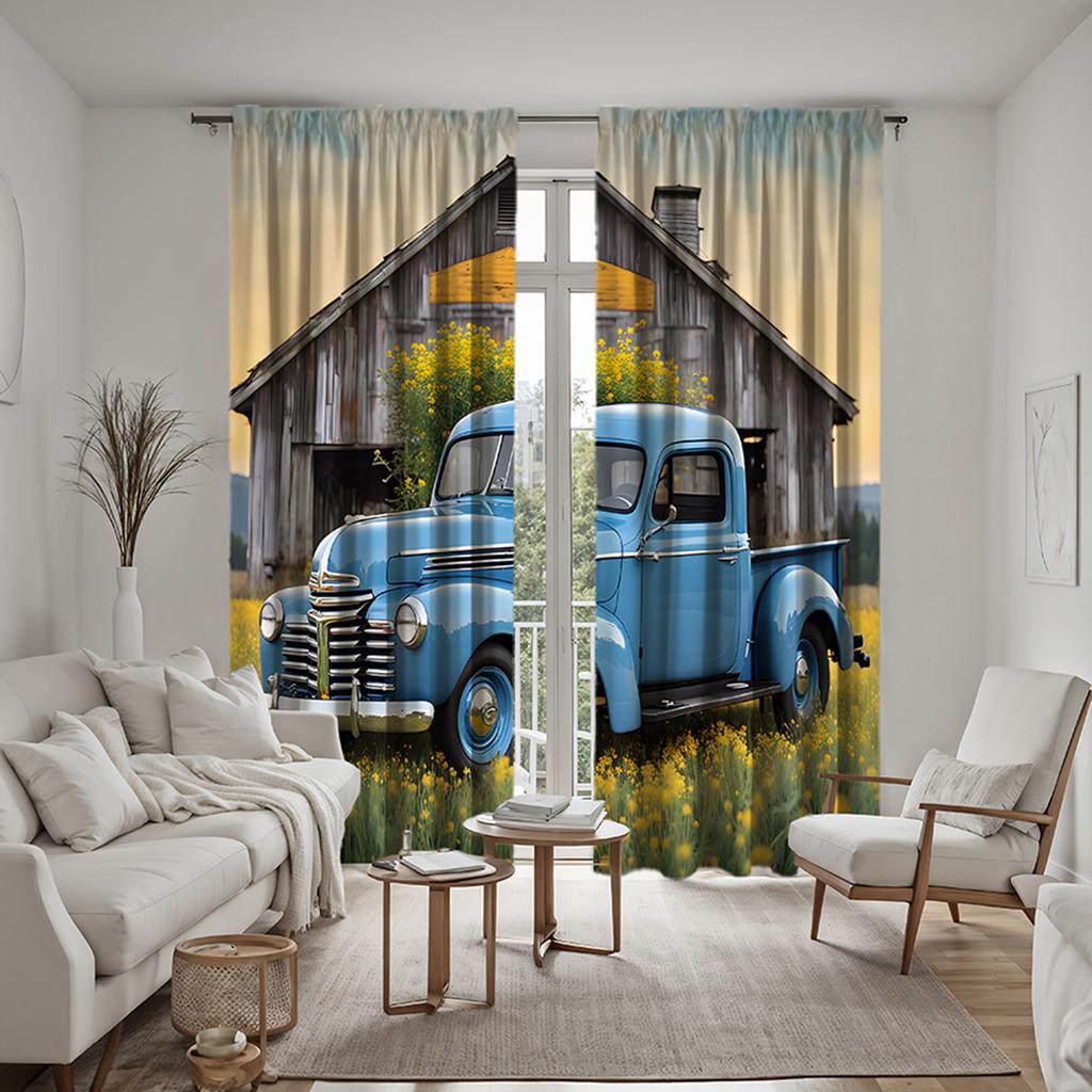 2pcs HD Vintage pickup truck trim curtain Blue Tie digital printed curtain Home Trim style Trim Living Room Bedroom Wear rod