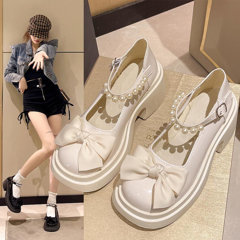 

Thick heel fashion small leather shoes pearl spring platform high heel new skirt with bow Mary Jane shoes women 35