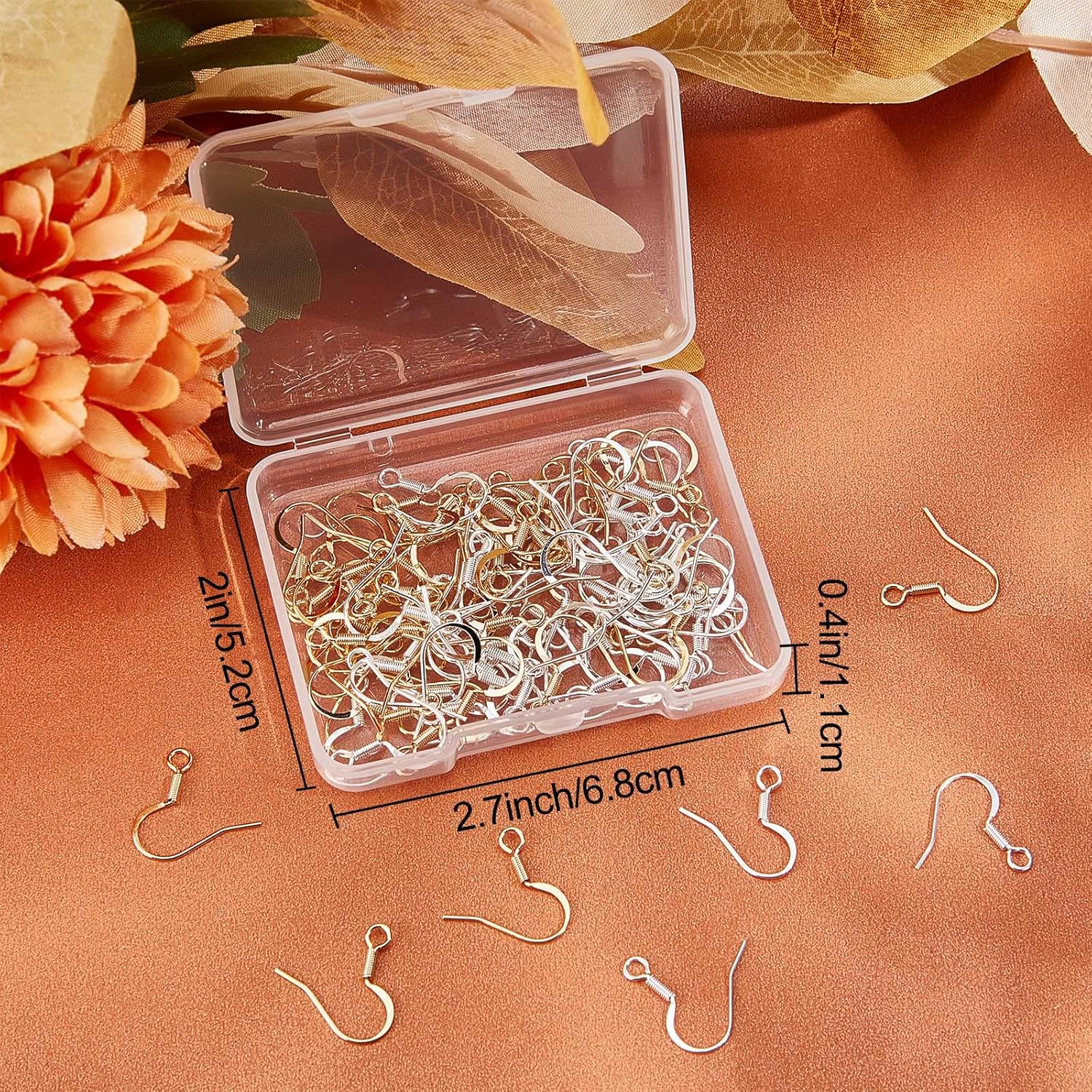 Beebeecraft 100Pcs 2 Colors Fishhook Earring Hooks 24K Gold & Sterling Silver Plated Brass Ear Wires with Earring Making Kit with Transparent Storage