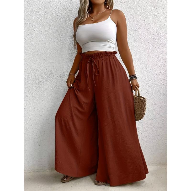 Women Casual Loose Drawstring Mid Waist Solid Color Wide Leg Long Pants