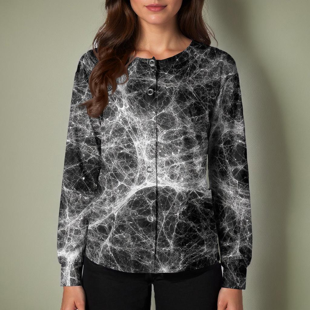 Women's Halloween Print Long Sleeve Cardigan Top with Single Button Front for Caregiver Uniform