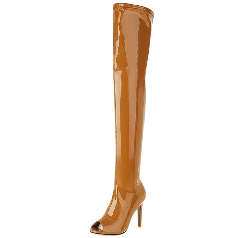 Bílé kozačky nad koleno Dámské Sexy Elastické Boty na Vysokém Podpatku Dámské Kozačky po Stehno Peep Toe Kožené Dlouhé Striptérské Boty Dámské