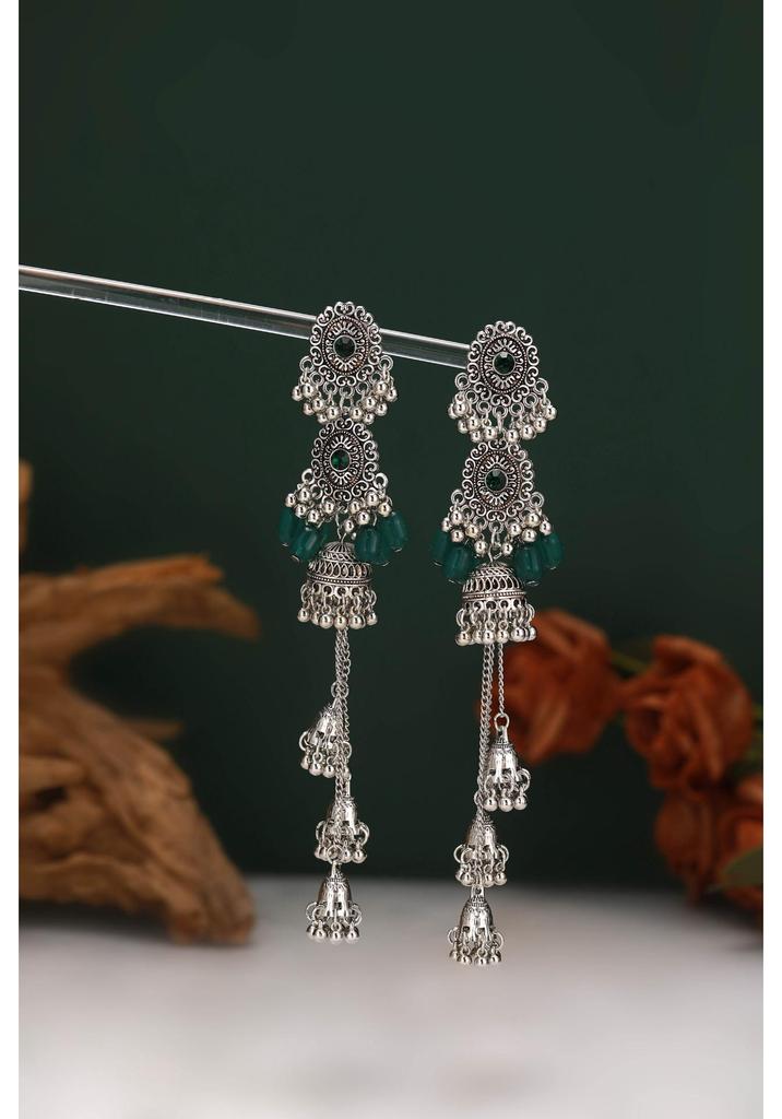 Antique Indian-Style Rhinestone Oval Bell String Long Earrings