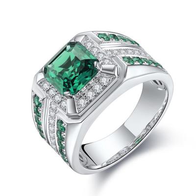 Luxury New Full Diamond Silver Men's Ring, Alloy Inlaid Green Square Diamond Zircon Ring Trendy Men's Ring