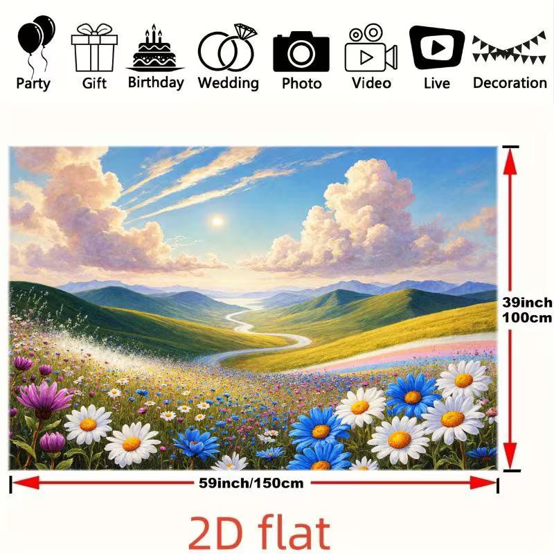 2D Spring Meadow Tapestry for Living Room, Colorful Wildflowers and Mountain Landscape