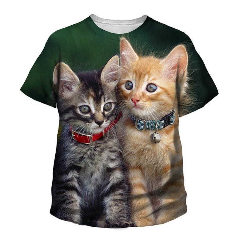 Summer Round Neck 3D Printed Cute Cat Pattern Top Fashionable Casual Short Sleeved Children's Boy and Girl Kids Unisex T-shirts