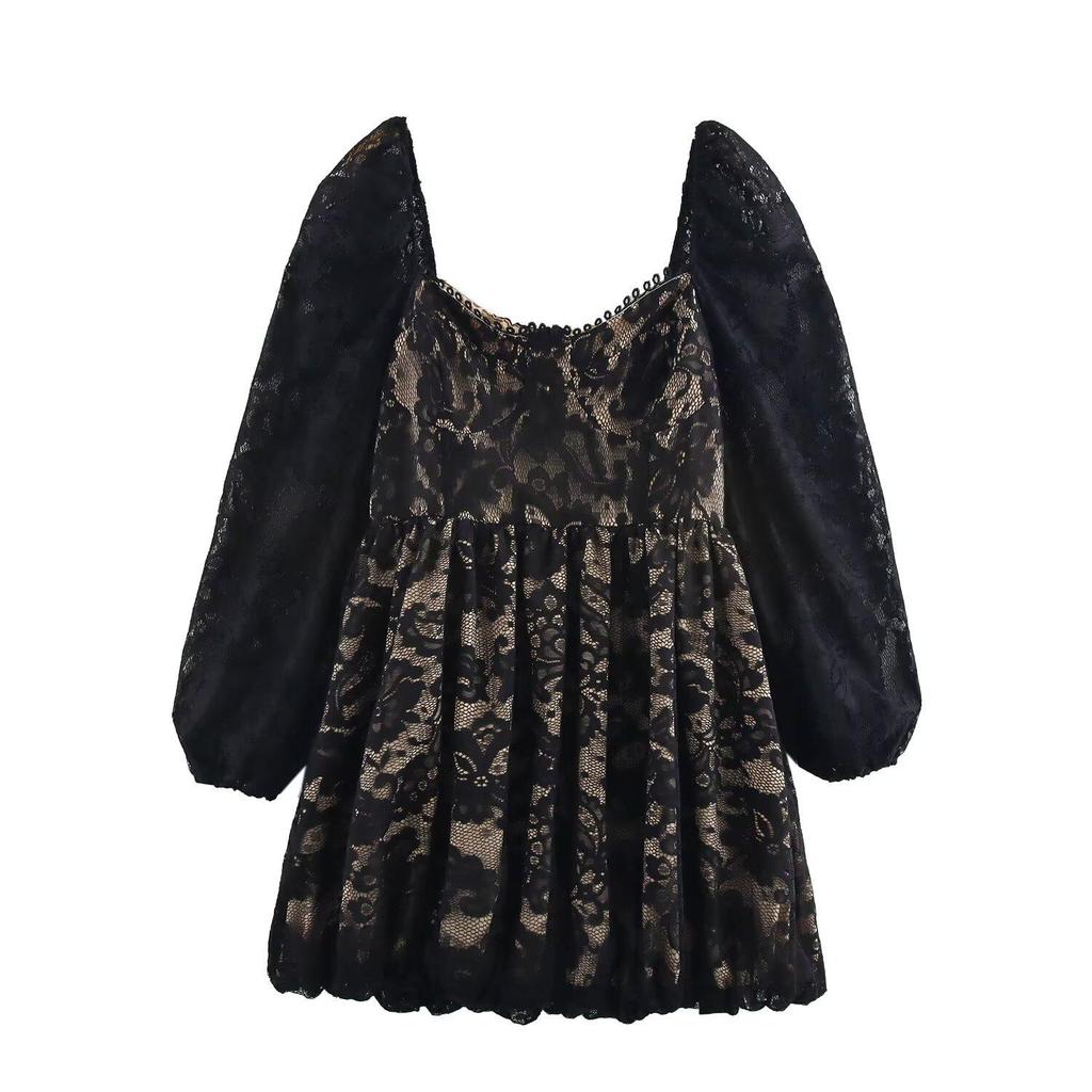 2025 Spring Women's Plus Size Lace Puff Sleeve Dress - Fashionable European & American Style