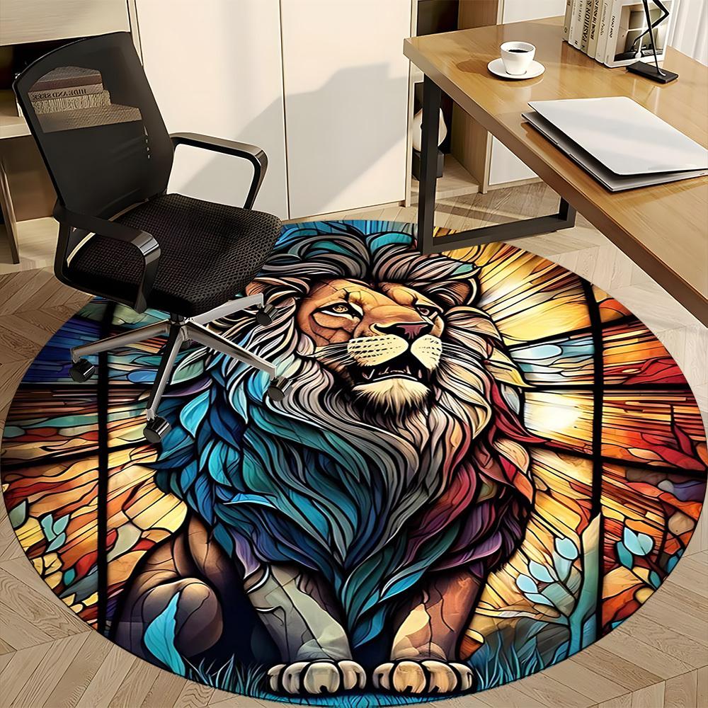 1PCStained Glass Lion Office Round Area Rug,  Mat Suitable For Office, Under Office Chairs Bedroom Living Room Home Decor, Room Deco