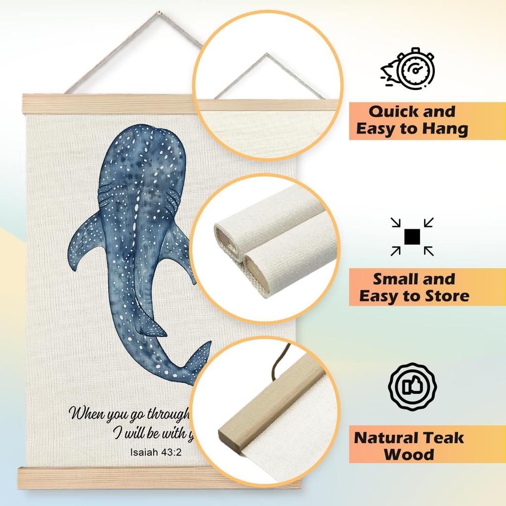 JINYO Whale Shark Christian Wall Art Poster, Bible Verses Wall Decor, Isaiah 43:2 Bible Scripture Canvas Prints Wall Decor for Bedroom Living Room