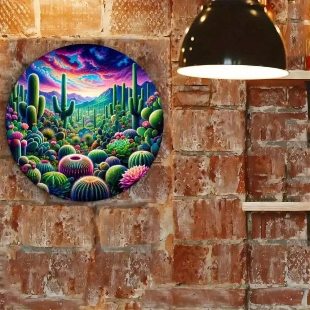 Metal Wall Art Desert Cactus Decor Round Sign Home Living Room
