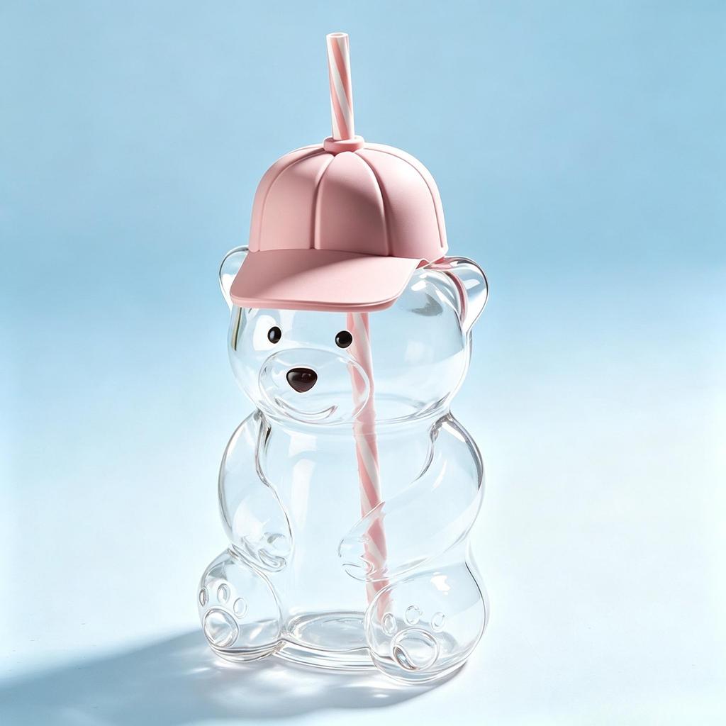 Teddy Bear Cartoon Glass Straw Cup - Cute Christmas Edition