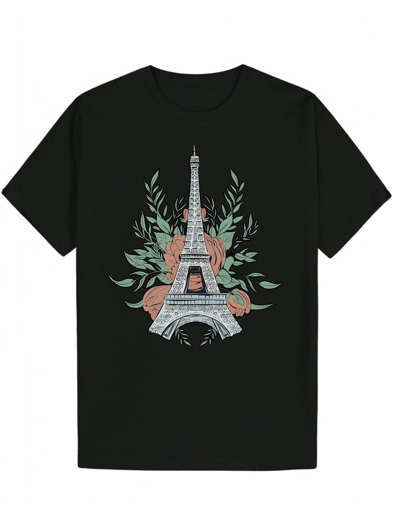 Short Sleeve T-shirt - Black Botanical Floral Print with Eiffel Tower Design XXXL