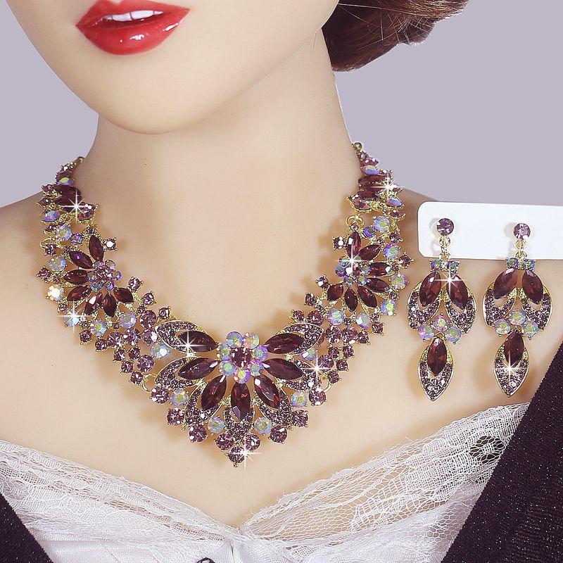 

and American Flower Necklace Earrings Wedding Formal Dress Full of Crystals Crystal Glass Full of Crystals Jewelry Set Crystal Necklace Temperament Purple Necklace + Earrings Two-Piece Set X38