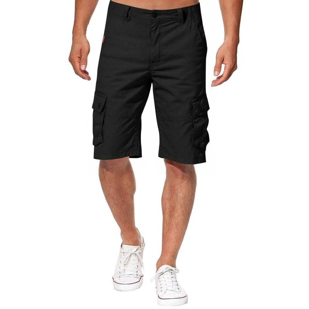 Men's Solid Color Work Pants, Cotton Six Quarter Pants, Retro Washed Multi Pocket Straight Leg Work Pants