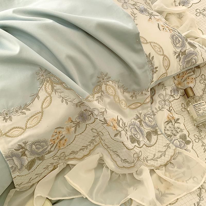 1000TC Egyptian Cotton Romantic French Princess Bedding Set Rose Embroidery Lace Ruffles Duvet Cover Set Bed Sheet Pillowcases