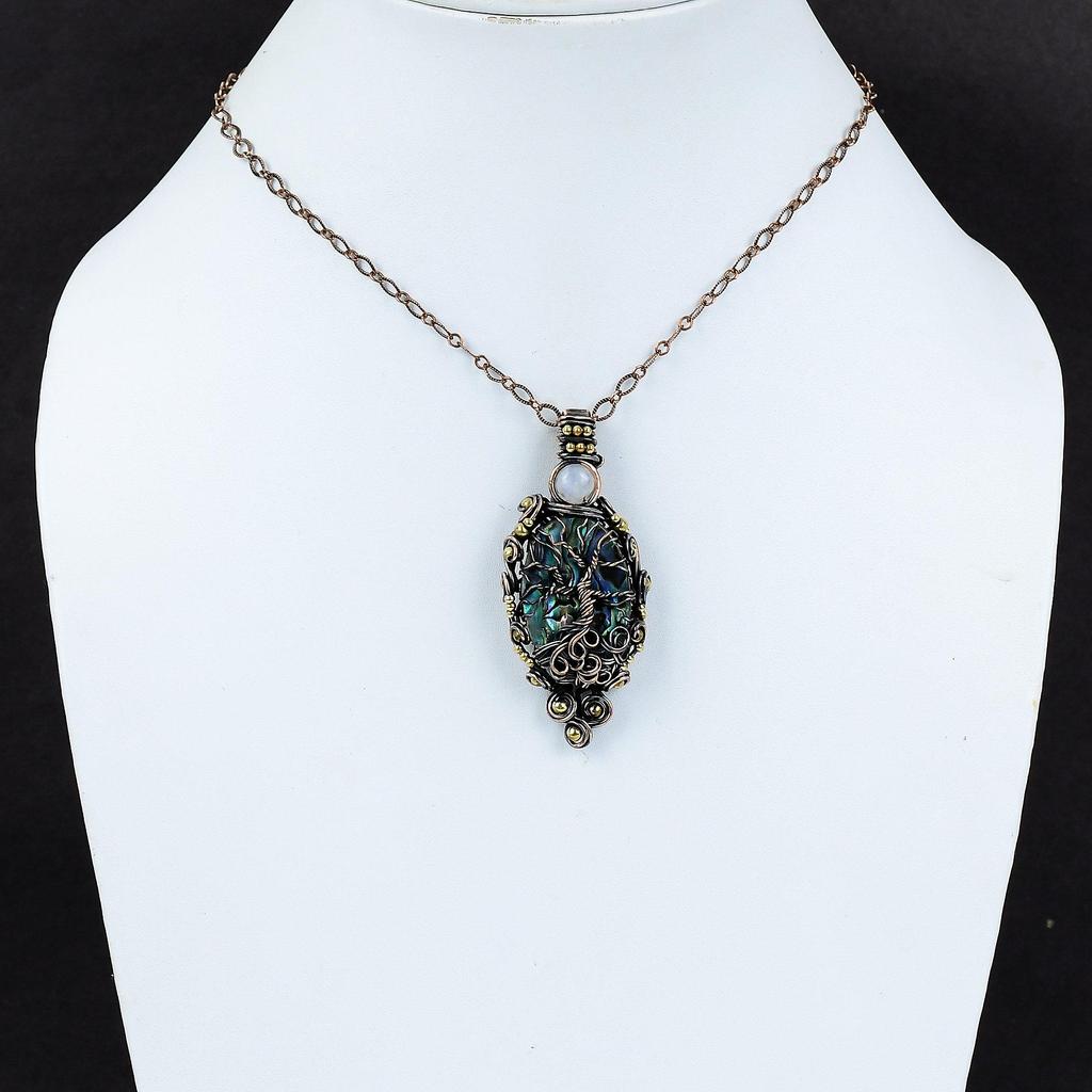 Tree Of Life Abalone Shell Pendant Copper Wire Wrapped Pendant Rainbow Moonstone Pendant Gemstone Handmade Pendant Copper Jewelry For Gift