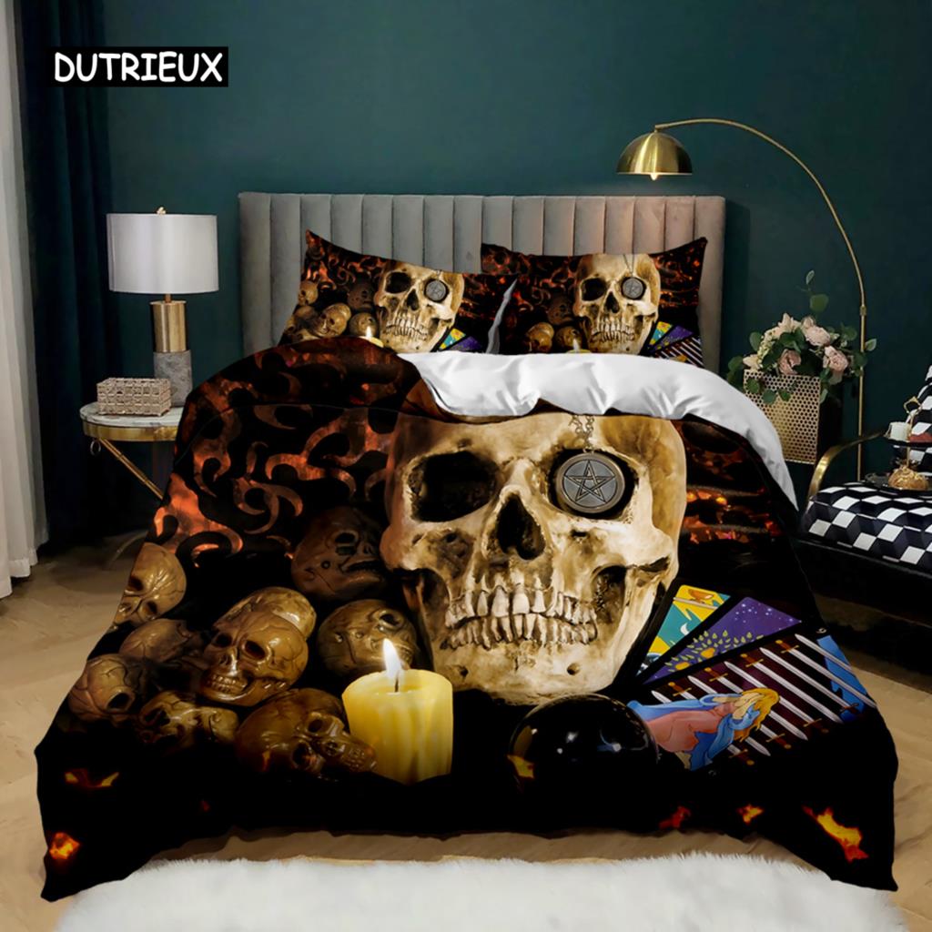 Skull Duvet Cover Set Horrible Skeleton Bedding Set Bedclothes Halloween Gothic Horror Polyester Quilt Cover Double Queen King