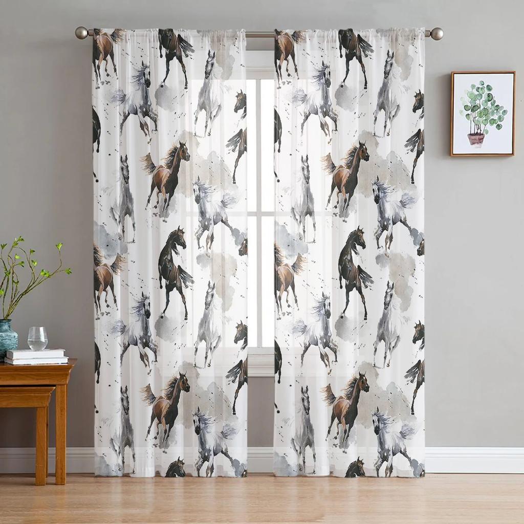 Black White Horse Watercolor Painting Tulle Sheer Window Curtains for Living Room Kitchen Children Bedroom Voile Hanging Curtain