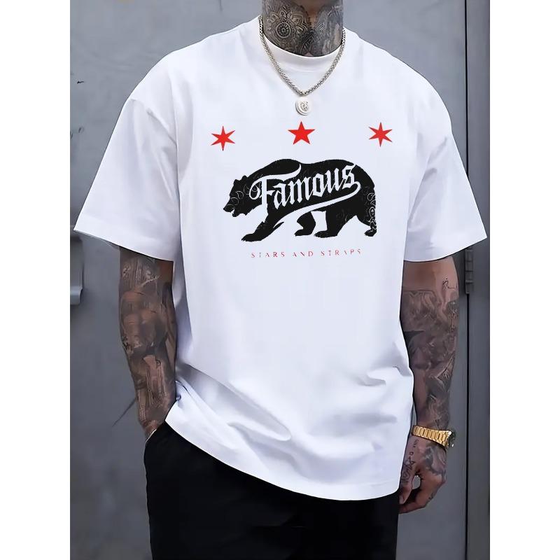 

European sizes Men S Celebrity Bear & Star Print T-Shirt - Oversized Relaxed Fit Soft Breathable Round Neck Short Sleeve, Black Graphic Tee 4XL білий