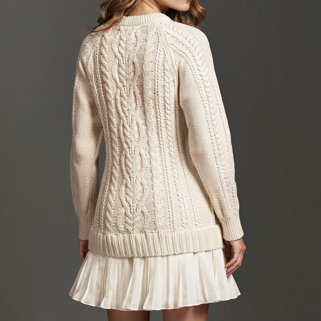 Women Cable Knit Sweater Dress Crewneck Long Sleeve Pleated Dress Twofer Patchwork Dress