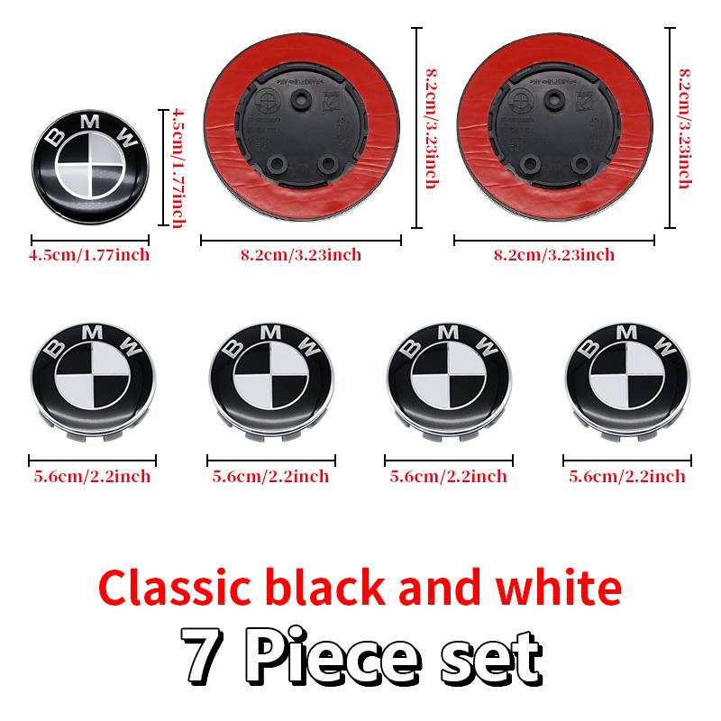 Universal Base Black White Badge Set for BMW 7Pcs 68mm 56mm 82mm 74mm Hood Trunk Wheel Steering Logo 7Pcs 2-Pin 3-Pin Clips Kit