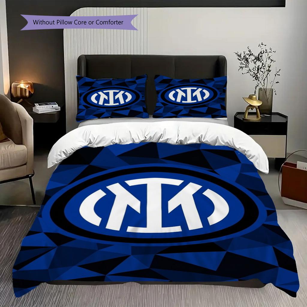 Inter Milan Emblem Blue Geometric Background Three-piece set (1 * duvet cover + 2 * pillowcase, without core) Soft and comfortable