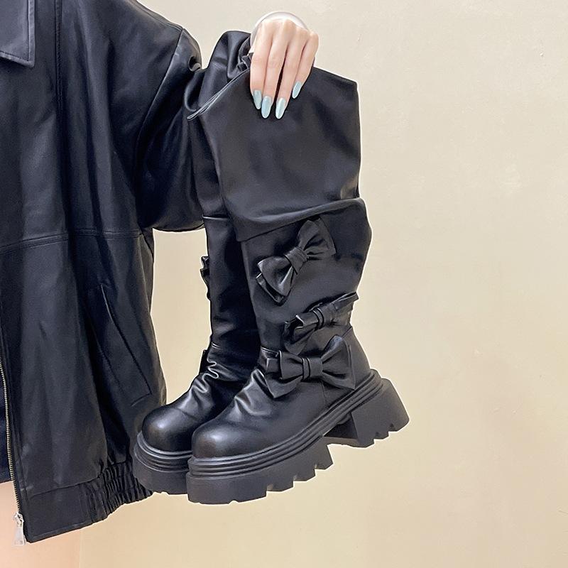 

The design sense is thin, fashionable and versatile, high-heeled women s knight boots, autumn retro bow trend, thick-bottomed British style 35 чёрный
