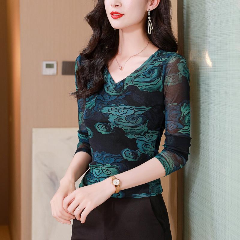 

Новая весенняя сетчатая футболка с длинными рукавами и V-образным вырезом для женщин с узким топом 4XL