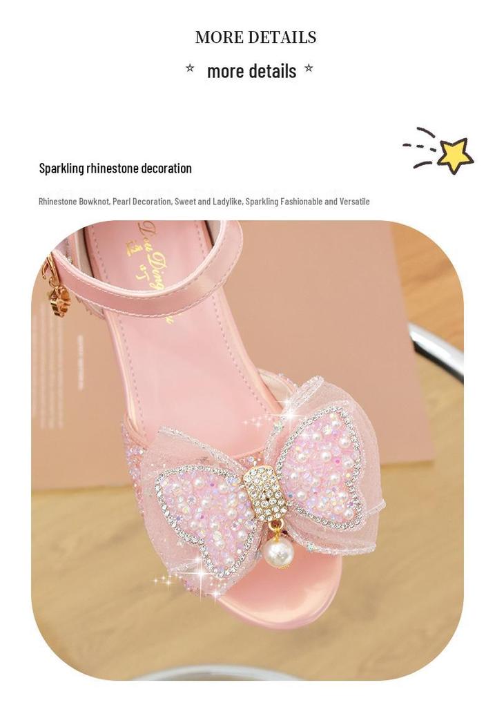 Girls' High-Heeled Crystal Sandals with Rhinestone Bow - Soft Sole Princess Shoes for 2026 Summer Performances