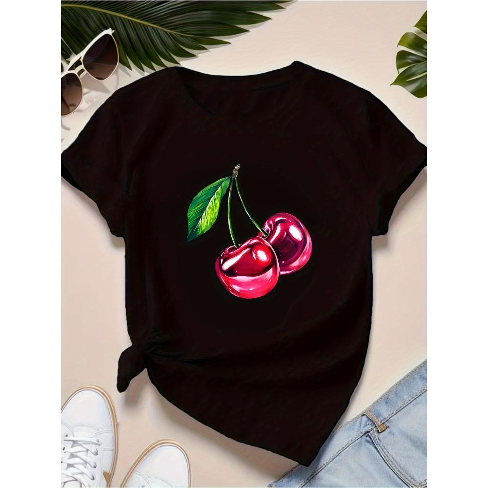 Women's Casual Short Sleeve T-Shirt Black Fit Round Neck with Bright Geometric Cherry Print Harajuku Short Sleeve