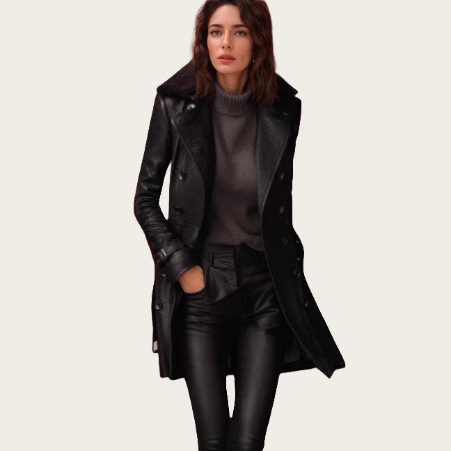 British Style Women's Mid-Length Leather Jacket with Thick Fur Collar