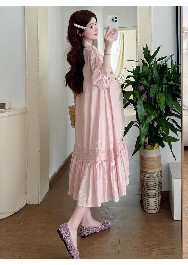2026 Spring/Summer Solid V-Neck Lace-Up Loose Maternity Dress