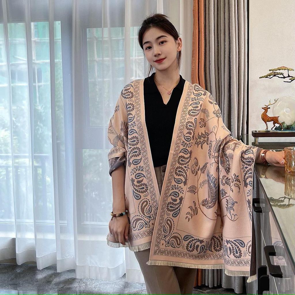 Shawl Bluebird Pattern Ethnic Style Cashew Flower Air Conditioned Room Nap Blanket Winter Warm Scarf for Women