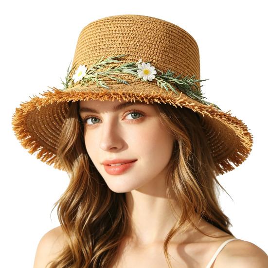 Sun Hat Wide Brim Floppy Edges Breathable Woven Straw Hat with Chrysanthemum Garland Lightweight Summer Beach Travel Hat