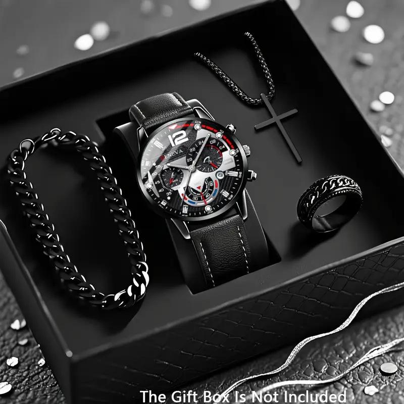 Fashionable Casual Sophisticated Business Leather Belt Men's Watch Cross Pendant Necklace Bracelet Set Quartz Movement