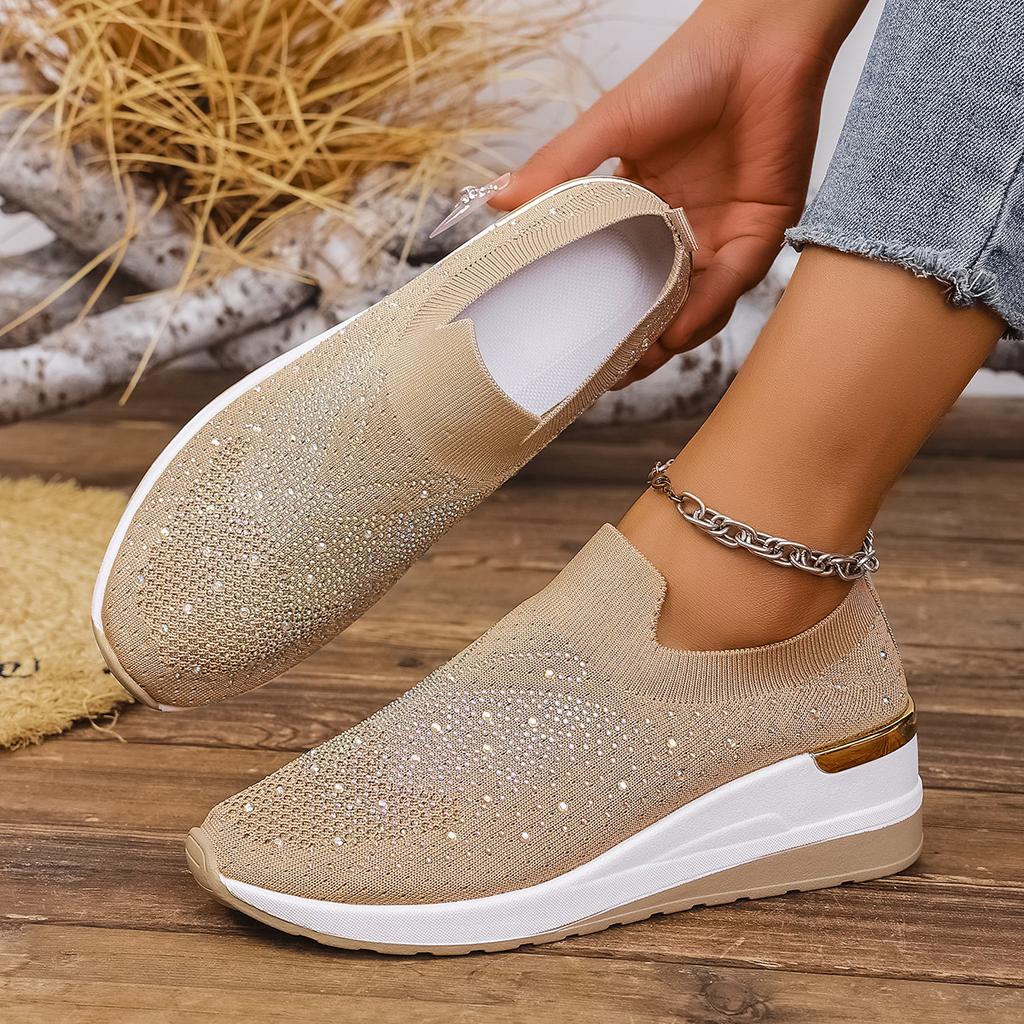 Women's Summer Sports Casual Shoes with Wedge Heels, Round Toe and Rhinestone Slip-on Shoes