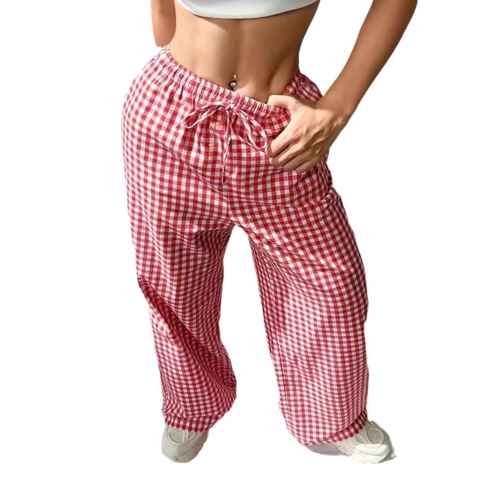 Women's Spring/Autumn Loose-Fit Pink Checkered Tie-Waist Casual Checkered Pants