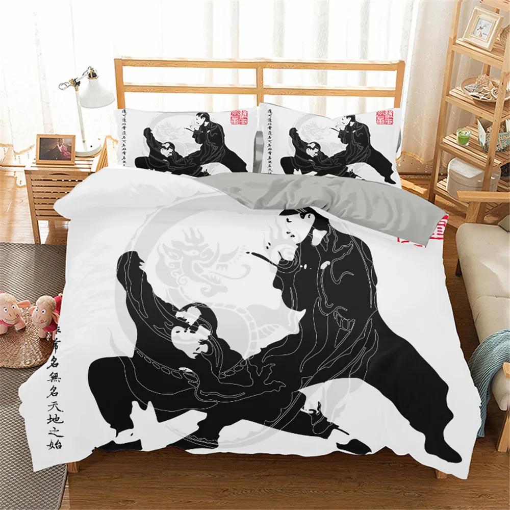 Chinese Kungfu Duvet Cover Black Cartoon Martial Artist Silhouette for Adult Teens Boys China Cultural Theme Bedroom Decoration