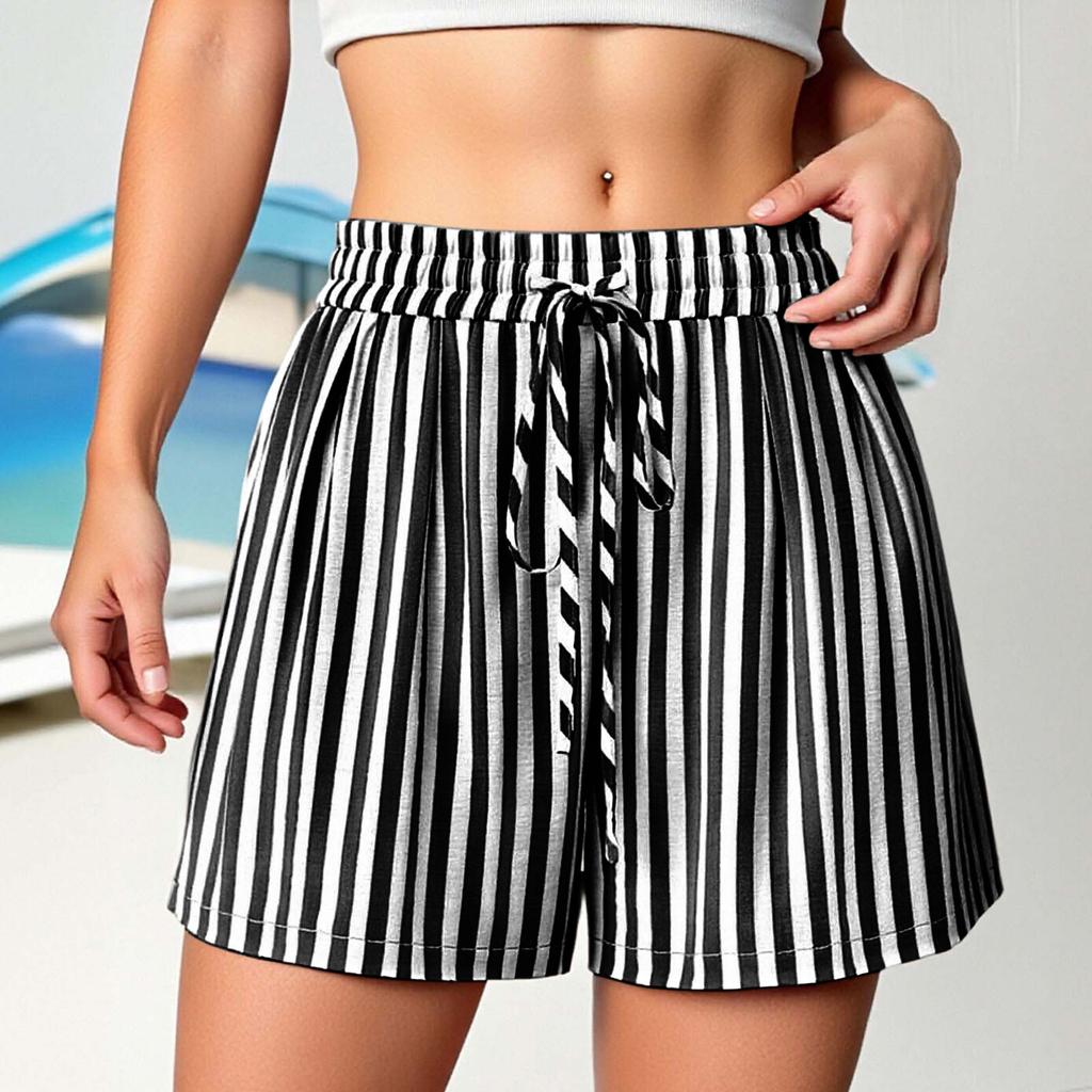 Women's Casual Fashion Striped Beach Vacation Drawstring Shorts with Pockets Lightweight Comfortable Summer Loose Fit