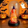 Halloween Window Display Pumpkin Skeleton Cloche Lamp, Lighted Stacking Skull In Clear Figurine Dome with Witch Hat for Tabletop Mantel, Party