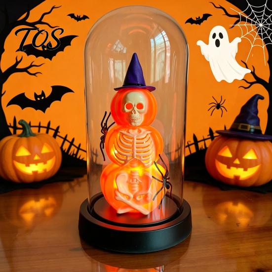 Halloween Window Display Pumpkin Skeleton Cloche Lamp, Lighted Stacking Skull In Clear Figurine Dome with Witch Hat for Tabletop Mantel, Party