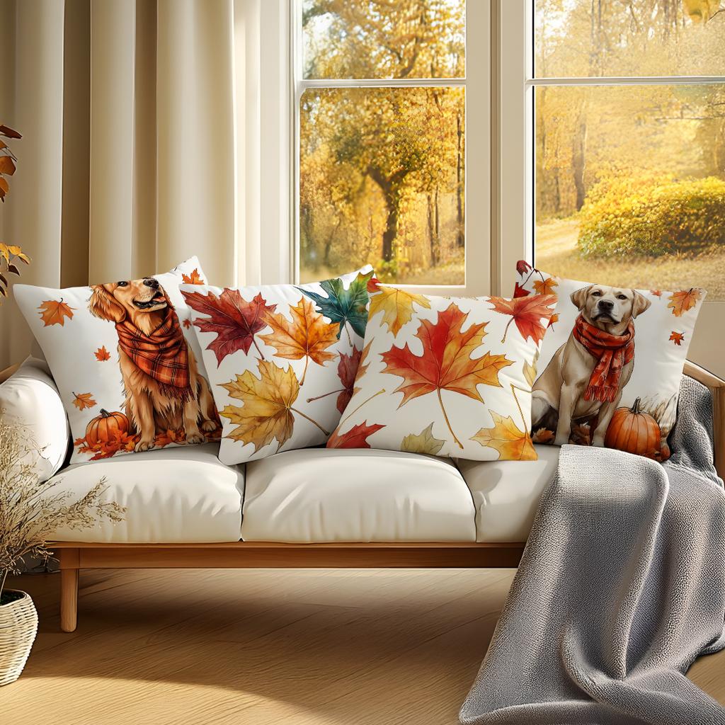 Home Decor Autumn Dog And Maple Leaf Pattern Pillowcase Pattern Cushion Cover Suitable For Sofa Bedroom Car Pillow Cover