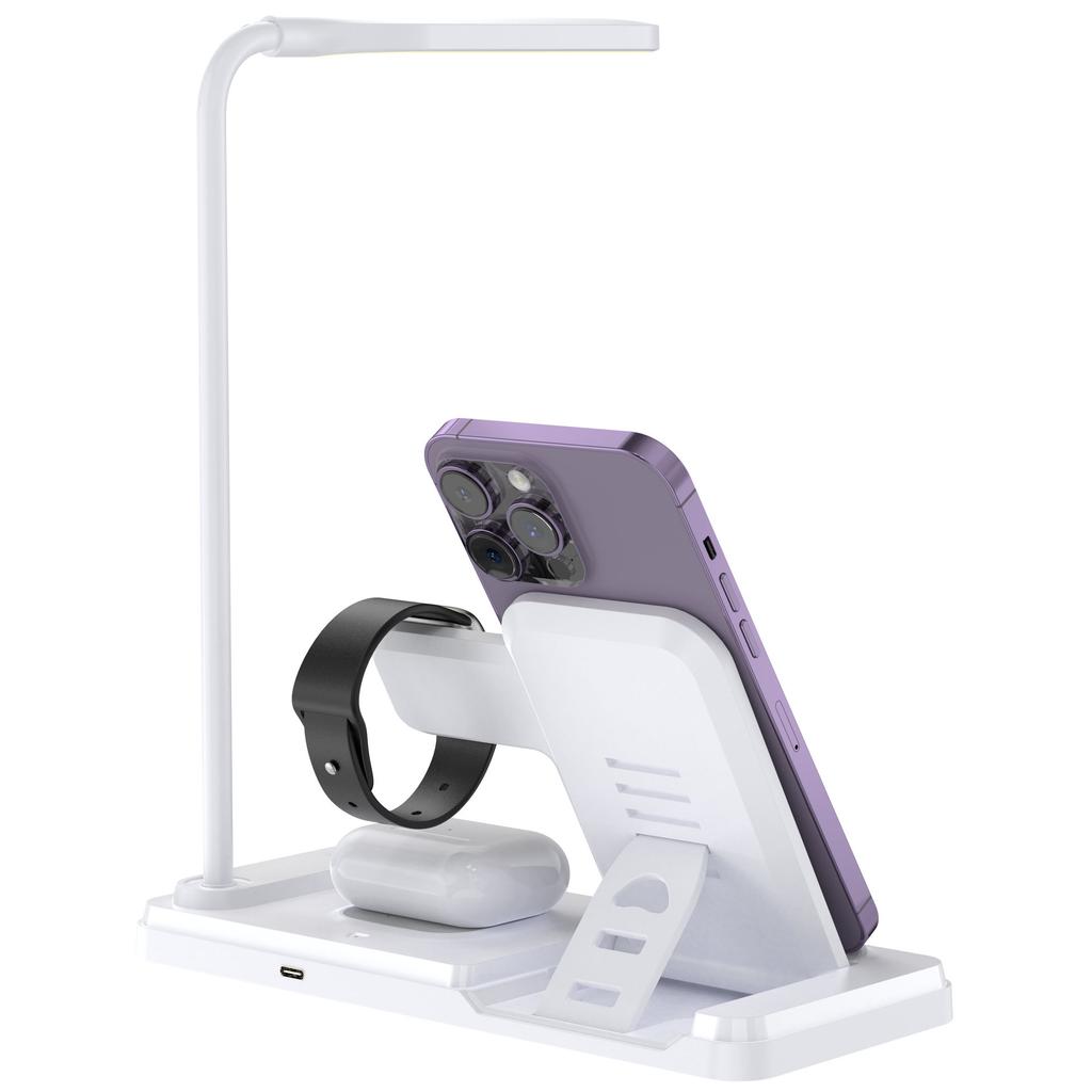 Stolní lampa s magnetickou bezdrátovou nabíječkou, 3v1 skládací světlo a rychlonabíjecí stanice pro telefon, hodinky, sluchátka